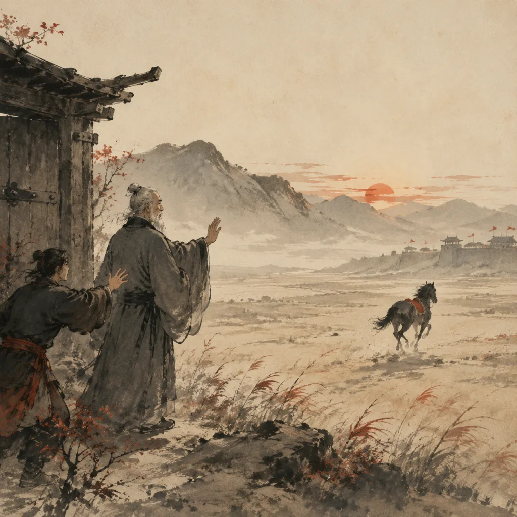 An elderly frontier farmer stands calmly at his wooden gate watching his horse run away toward distant mountains, while his son gestures in distress. Traditional Chinese ink wash painting in Song Dynasty style.