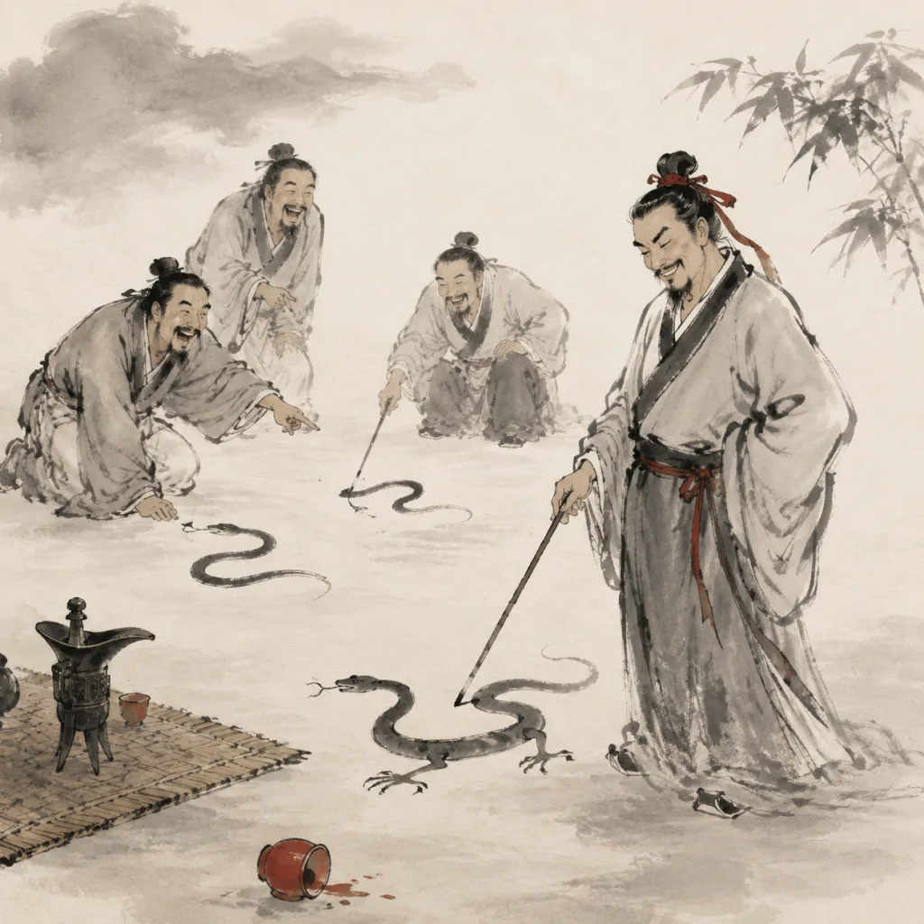 Han Dynasty scholars drawing snakes in sand with sticks; one proud figure adds clawed feet to his snake drawing while others laugh and point. Traditional Chinese ink wash painting.