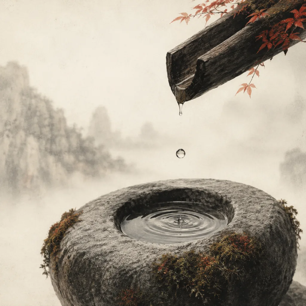 A water droplet caught mid-fall above a smooth gray stone with a deep bowl-shaped depression worn into its center, surrounded by soft moss. Traditional Chinese ink wash painting in Song Dynasty style.