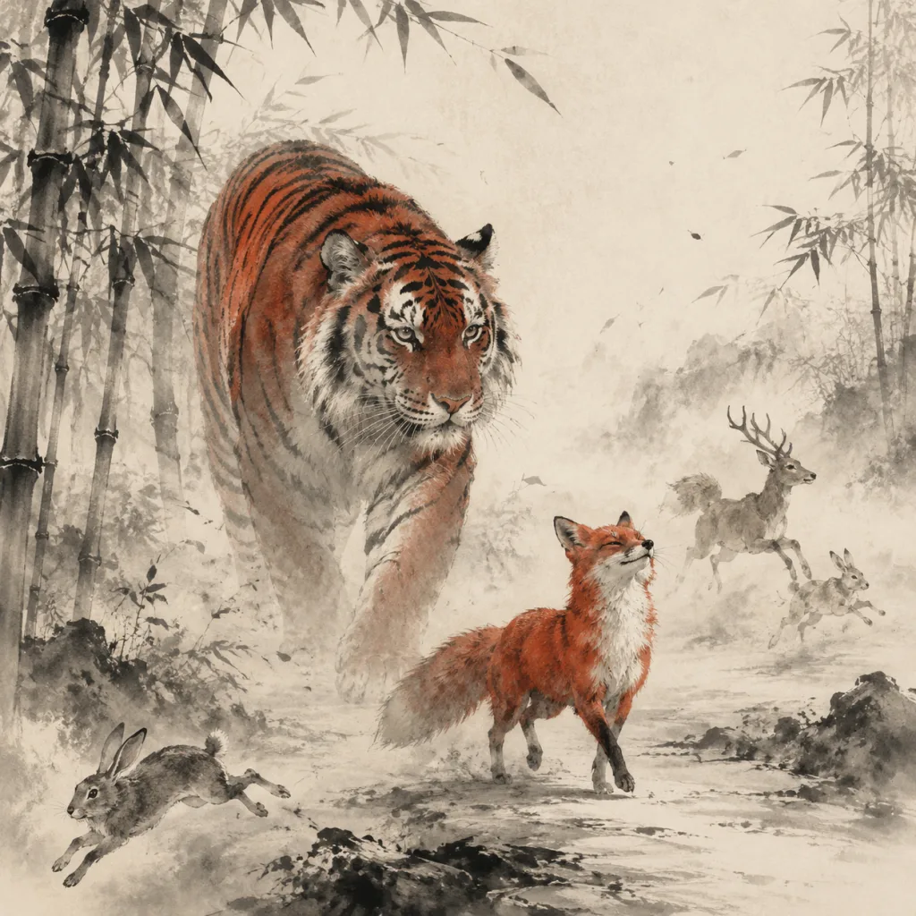 A small red fox walks confidently ahead of a massive tiger through a bamboo grove, while a rabbit and deer flee in the background. Traditional Chinese ink wash painting.