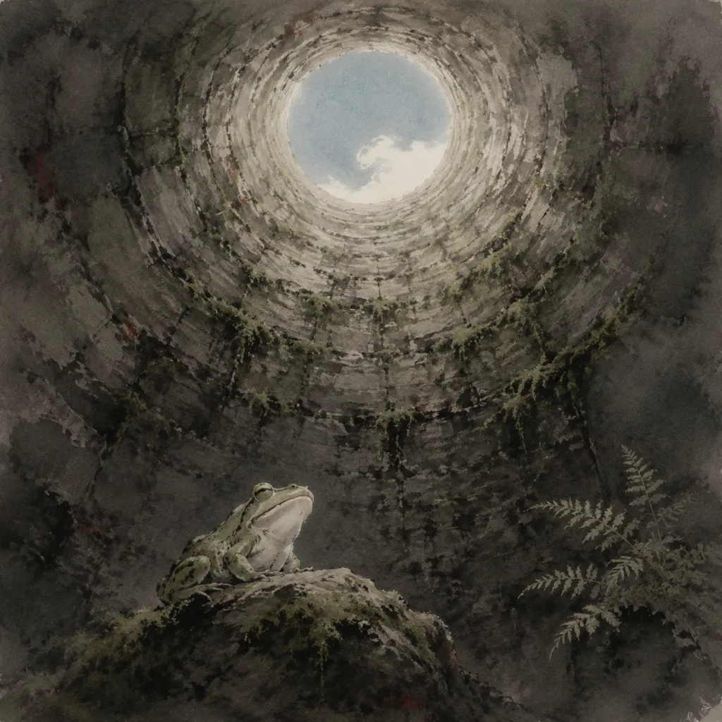 View from the bottom of a deep stone well looking upward, where a small green frog perched on a mossy stone gazes at a tiny circle of blue sky far above. Traditional Chinese ink wash painting.