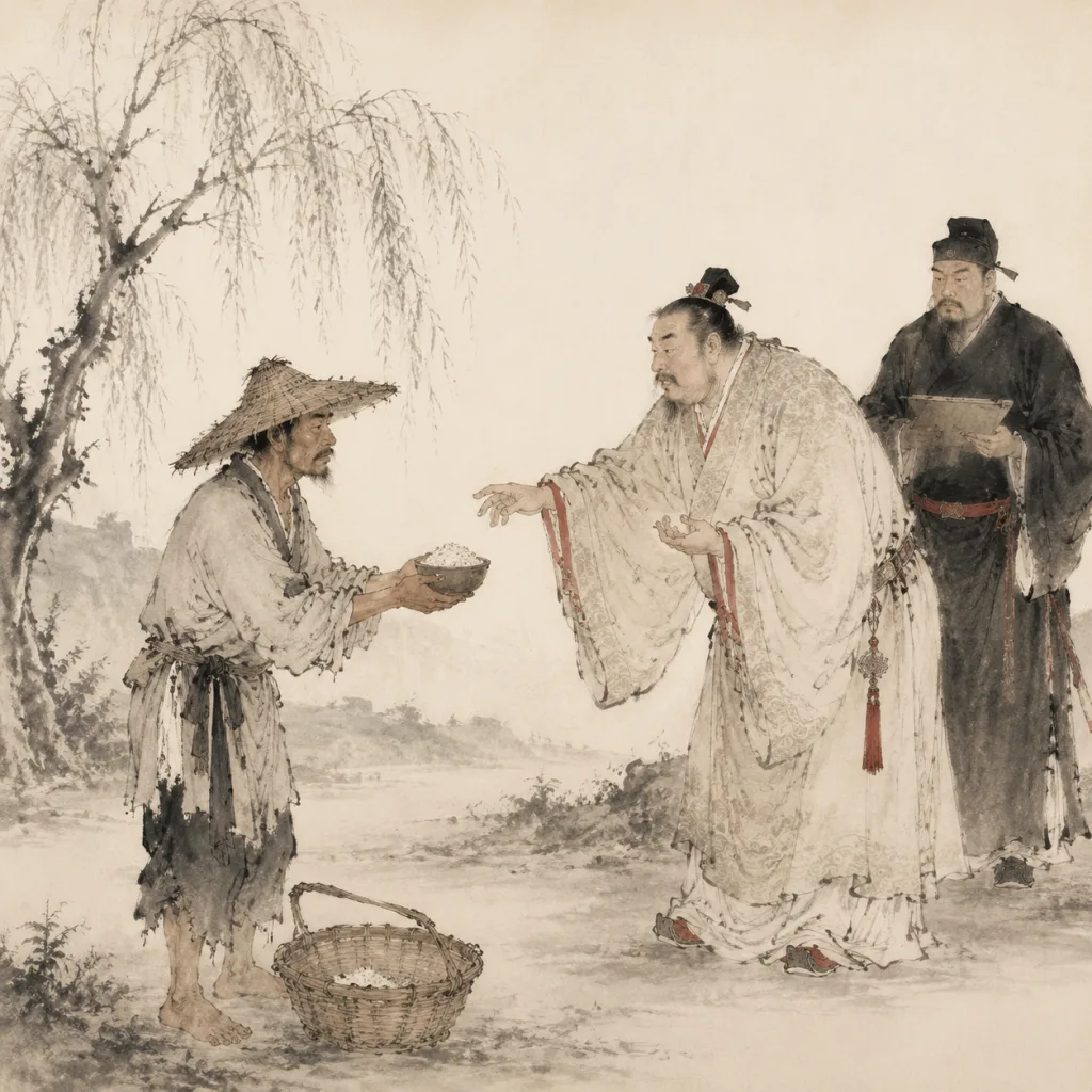 A humble farmer in a straw hat offers a bowl of rice to a wealthy merchant in silk robes, while a tax collector waits behind with a ledger. Traditional Chinese ink wash painting.