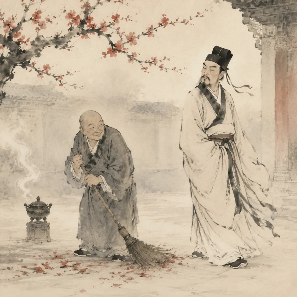 A simple Buddhist monk with a kind goofy smile sweeps temple courtyard leaves with a bamboo broom, while a refined Confucian scholar walks past dismissively. Traditional Chinese ink wash painting.