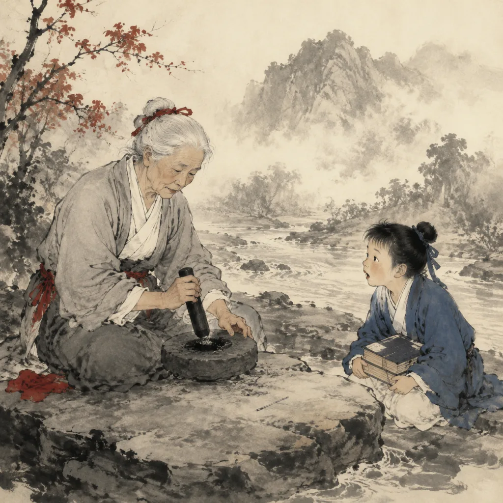 An elderly white-haired woman grinds a thick black iron pestle against a river stone; a delicate sewing needle lies beside her hand, and a young boy scholar watches in astonishment. Traditional Chinese ink wash painting.
