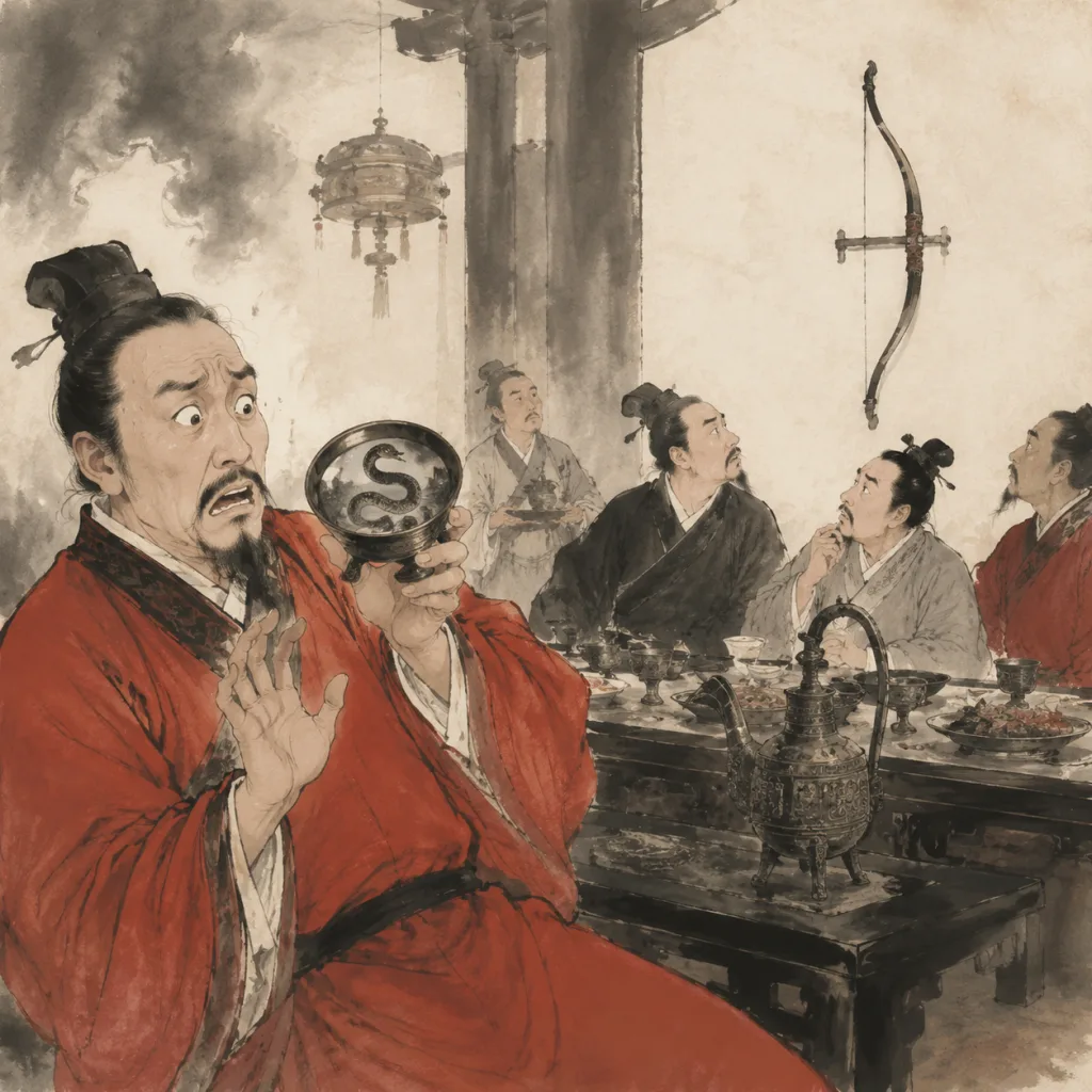 A traditional Chinese ink painting showing a man looking into a bronze wine cup with visible reflection, while a bow hangs on the wall behind him casting a snake-like shadow.