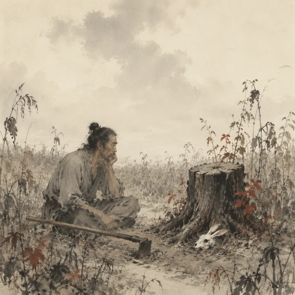 A farmer sits cross-legged beside a weathered tree stump in an overgrown field, chin on hand, waiting. A rusted hoe lies unused and a white hare skull rests near the stump. Traditional Chinese ink wash painting.