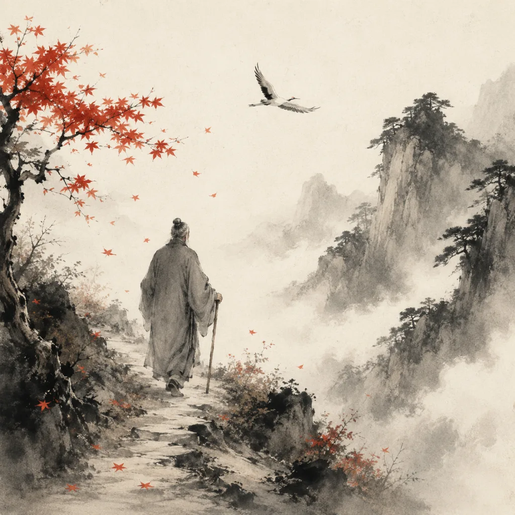 An aged scholar in gray robe walks slowly up a misty mountain path leaning on a wooden staff, autumn maple leaves drifting around him, his back to the viewer. Contemplative traditional Chinese ink wash painting.