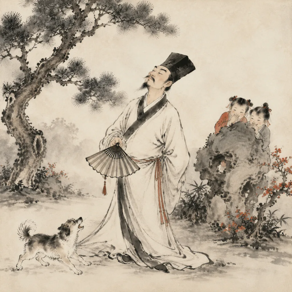 A pompous scholar in flowing robes holds a folding fan upside down by mistake while two children giggle behind a garden rock. Traditional Chinese ink wash painting.
