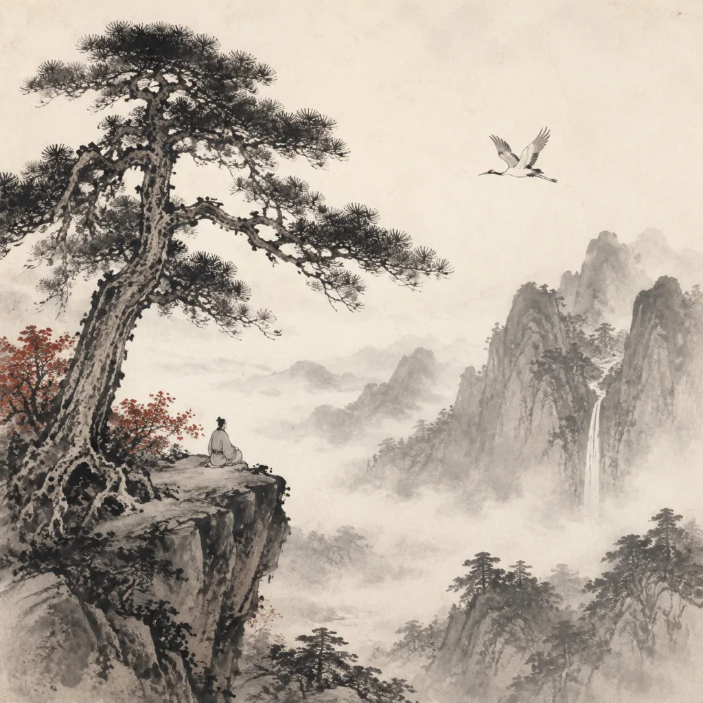 A vast shan shui landscape with a massive pine tree clinging to a cliff edge, layered mountains receding into morning mist, and a tiny scholar sitting beneath the pine. Traditional Chinese landscape ink wash painting.